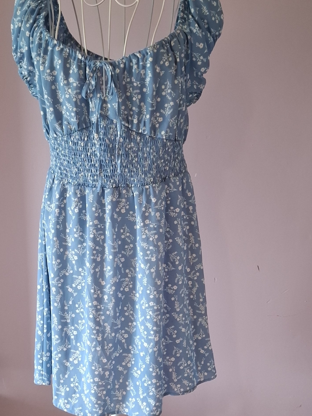 Love Tree Light Blue Floral Tie-Back Smocked Casual Dress